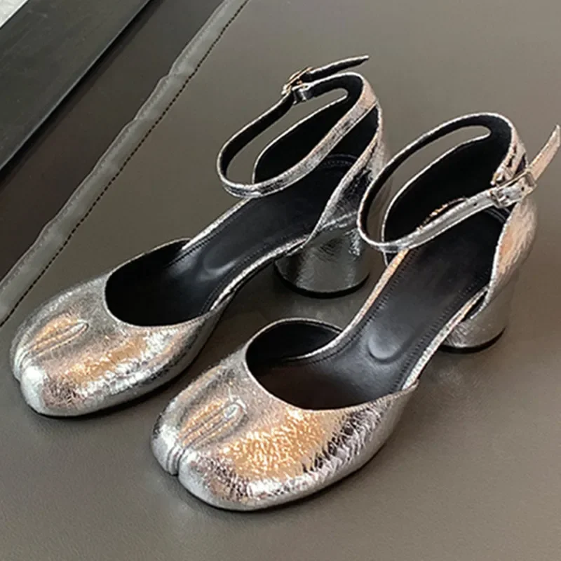 

Women Split Toe Pumps Mid Heels Mary Janes Round High Heel Woman Shoes Buckle Strap Shallow Sandals Shoes for Women