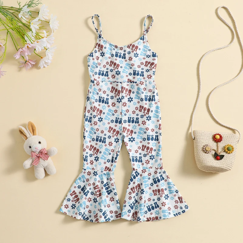 

Girls Independence Day Floral Print Sleeveless Jumpsuit with Spaghetti Straps and Flare Pants - Patriotic Romper Playsuit