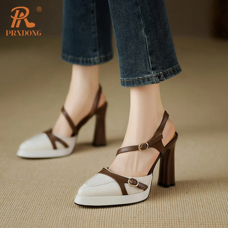 PRXDONG Women\'s Shoes New Genuine Leather Summer Dress Party Office Lady Pumps High Heels Platform BlacK Beige Retro Female 39