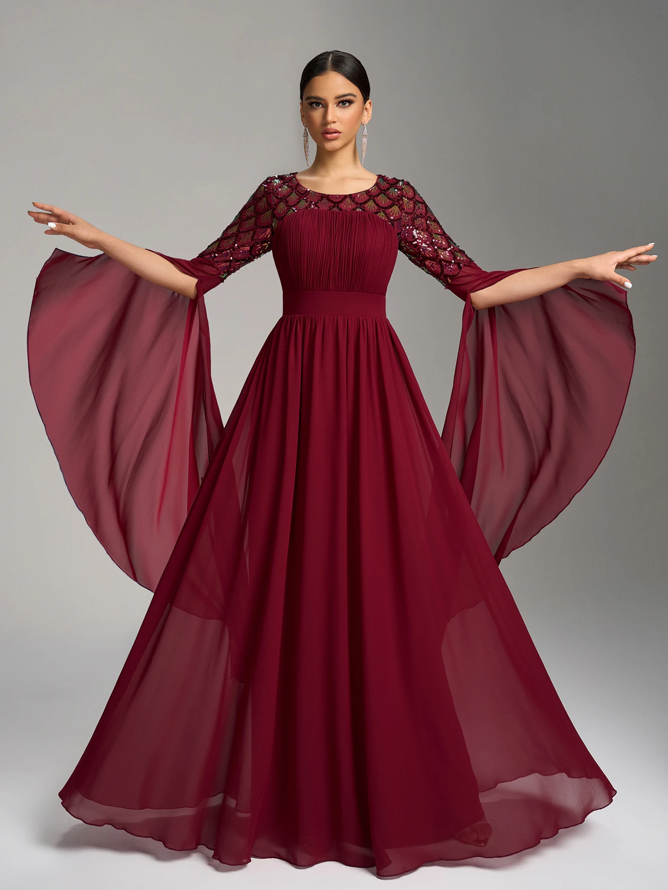 UNITHORSE جولة الرقبة أعلى مطوي جرس الكفة كم طويل الترتر لصق الشيفون الطابق طول مساء اللباس