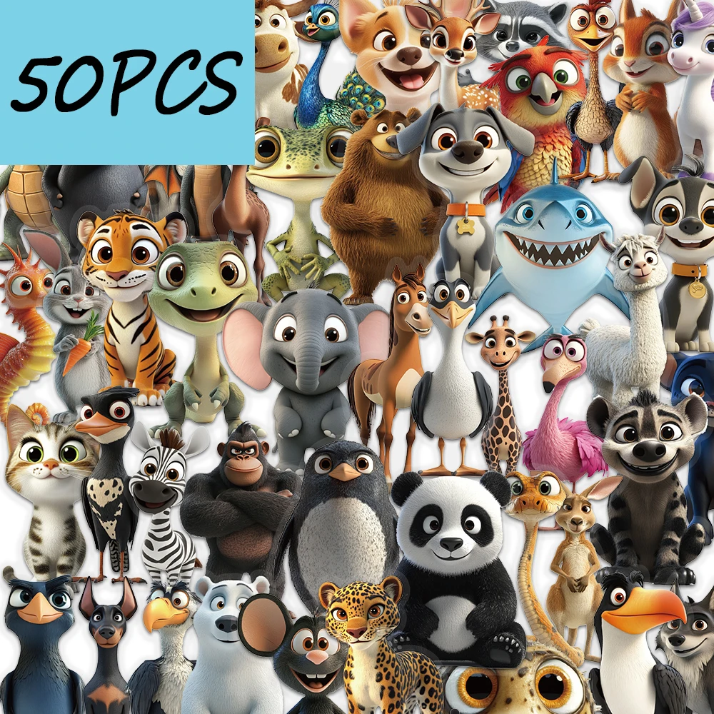 50pcs cartoon animal stickers, suitable for decorating water bottles, suitcases, headphone boxes, waterproof PET stickers
