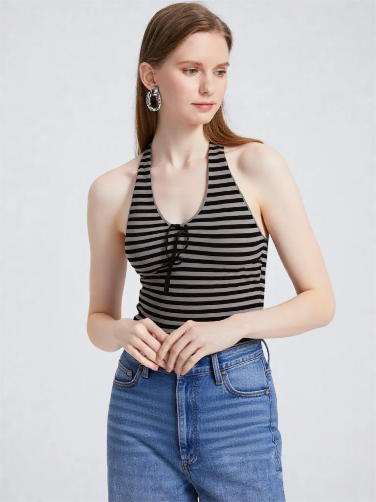 2026 Summer Striped Contrast Halter Backless Cami Women Tie Up Slim Fitted Sleeveless Y2K Top