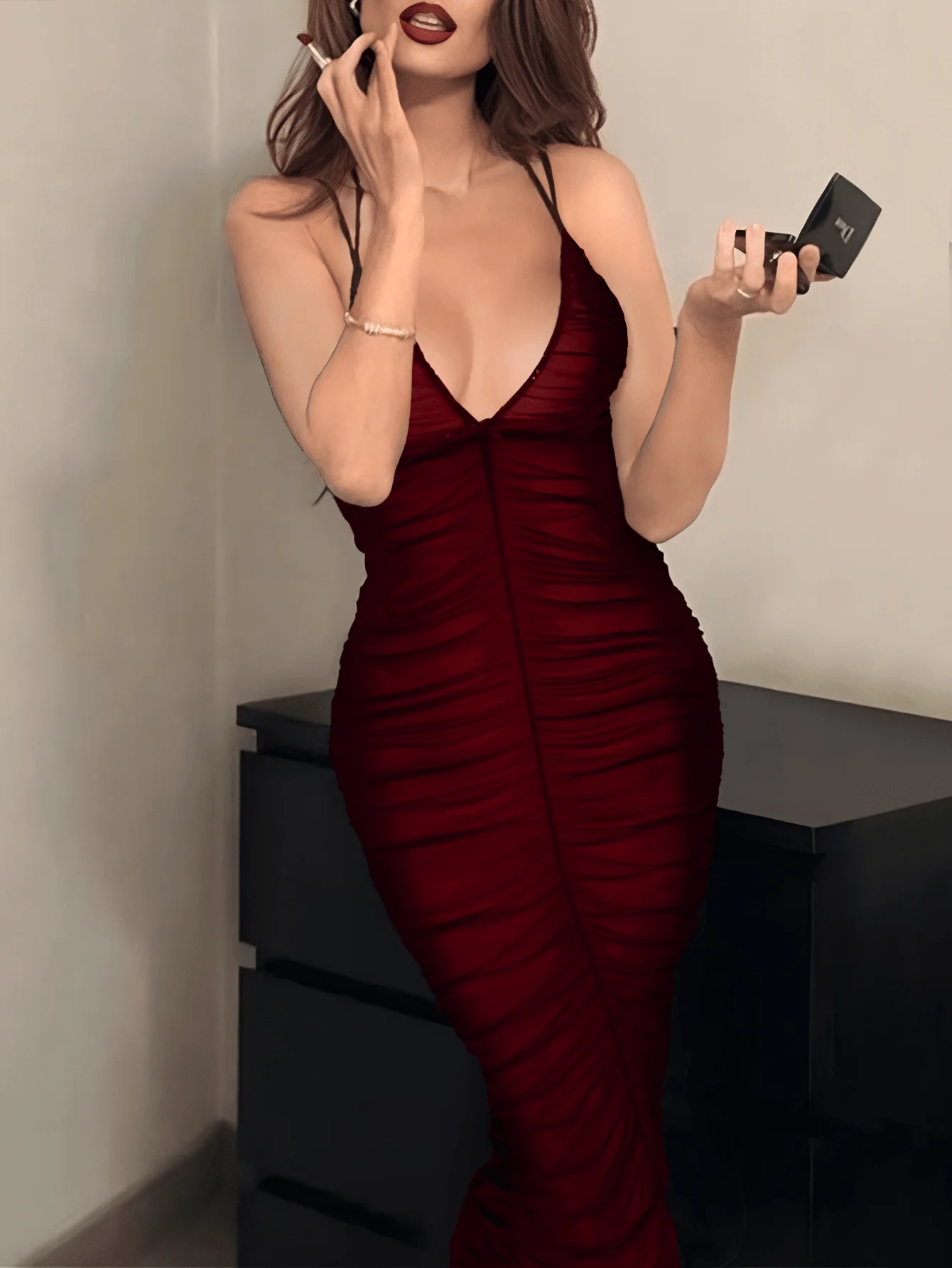 

Women's Deep Red V-Neck Ruched Slip Midi Dress for Evening Party