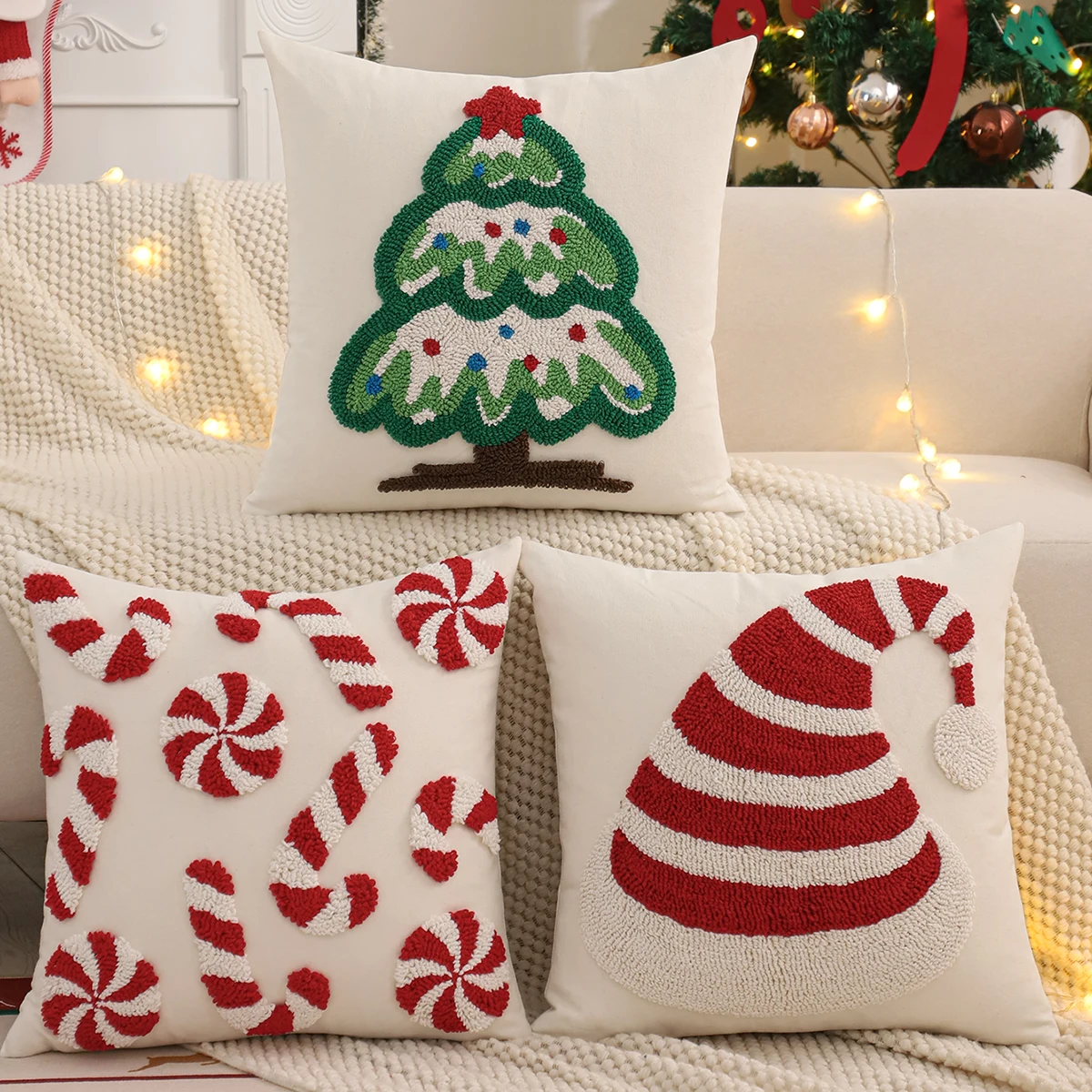 Getufteter Kissenbezug, Weihnachtsdekoration, Leinwand, Weihnachtsbaum, Schneeflocke, Krücke, Winter, Bauernhaus, Zuhause, Sofa, Wohnzimmer