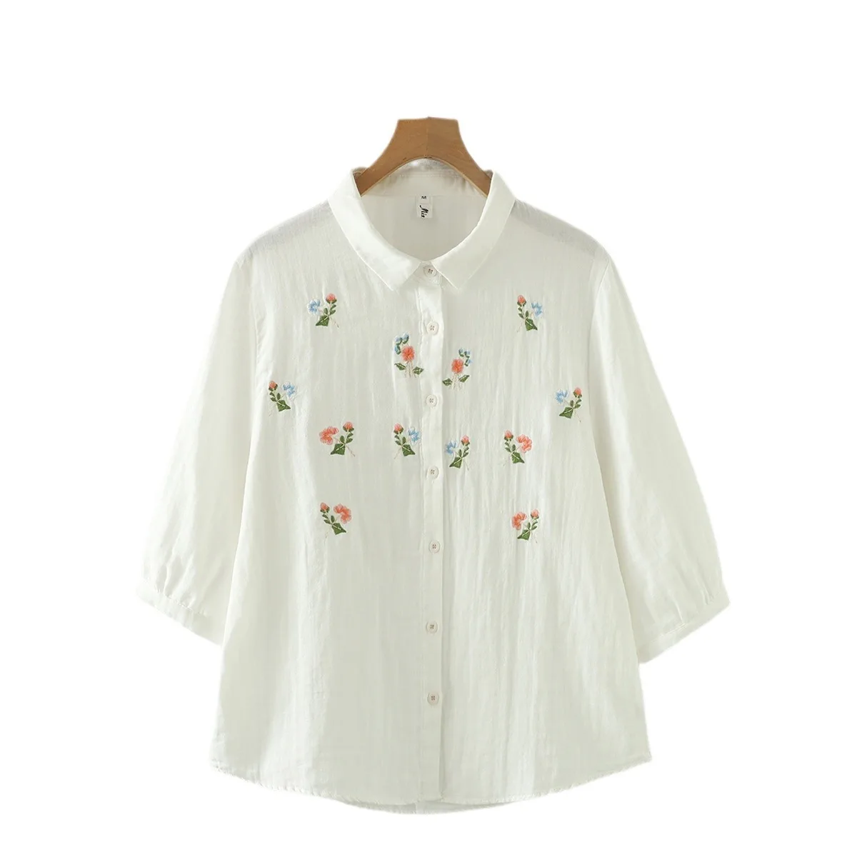 New Summer Cotton Yarn 3/4 Sleeve Shirts Lapel Embroidery Tops Commute Girl Casual Sweet Loose OL Blouse 2024 Autumn T465102QC