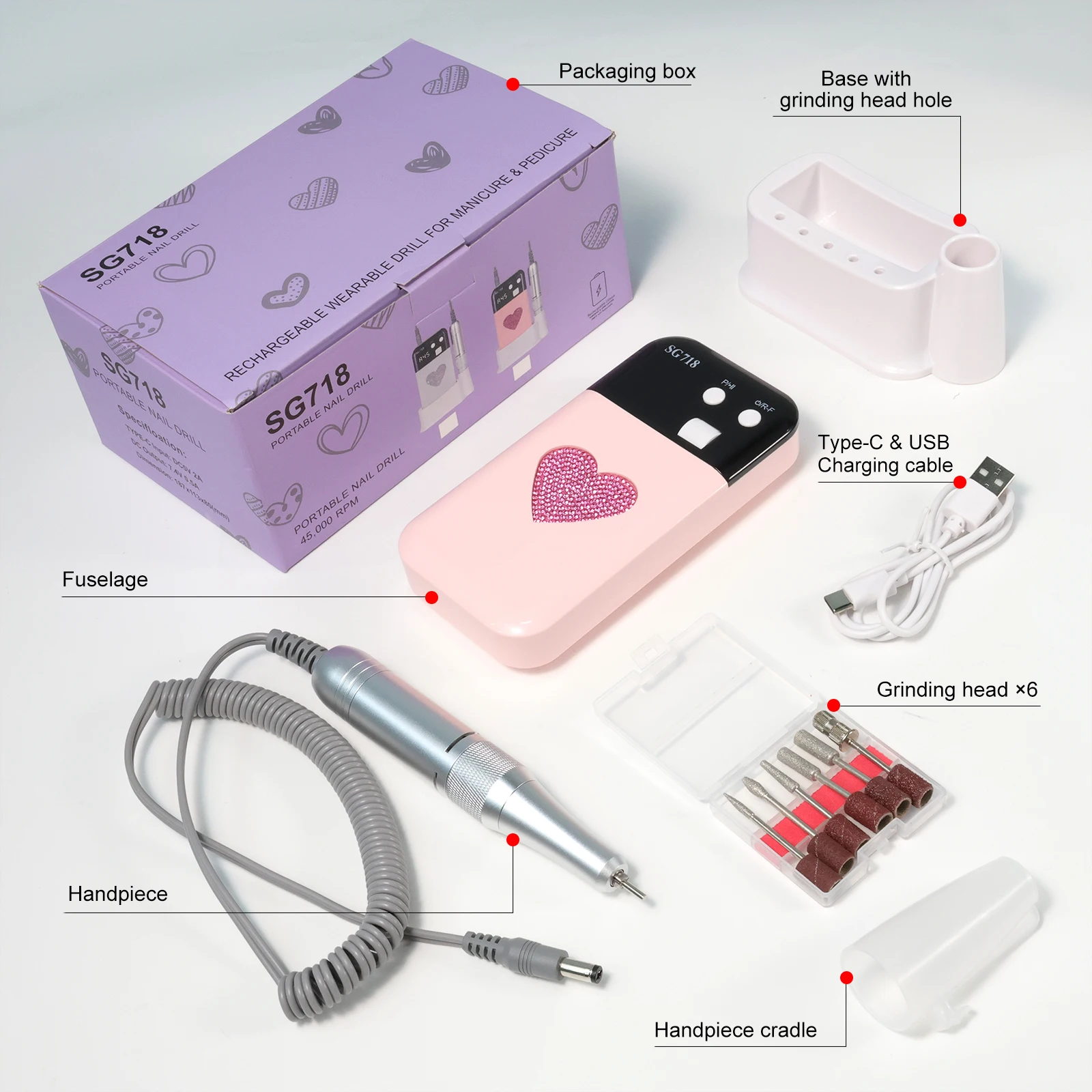 LIMEGIRL 45000 RPM Elektrische Nagelboor Oplaadbare Geluidsarme Nagelvijl Professionele Nagellak voor Manicure Salon Gereedschap