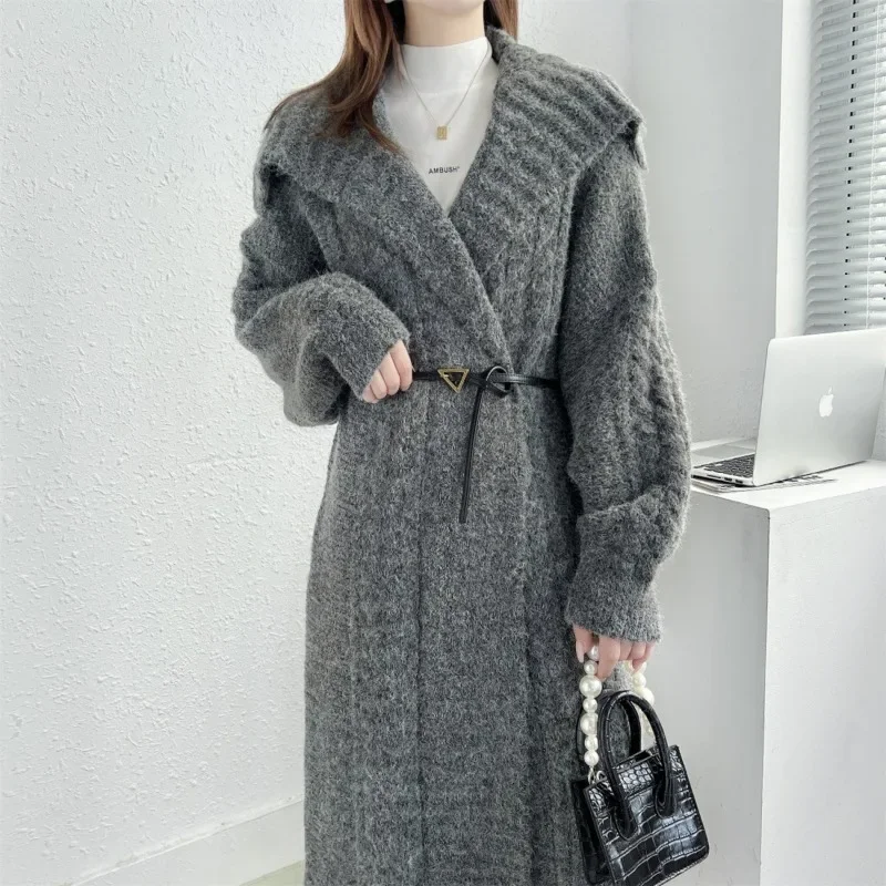 Coat Women Warm Long Knitted Cardigan Loose French Retro Trendy Turn Down Collar Autumn Winter Lazy Style Thick Sweater Jackets