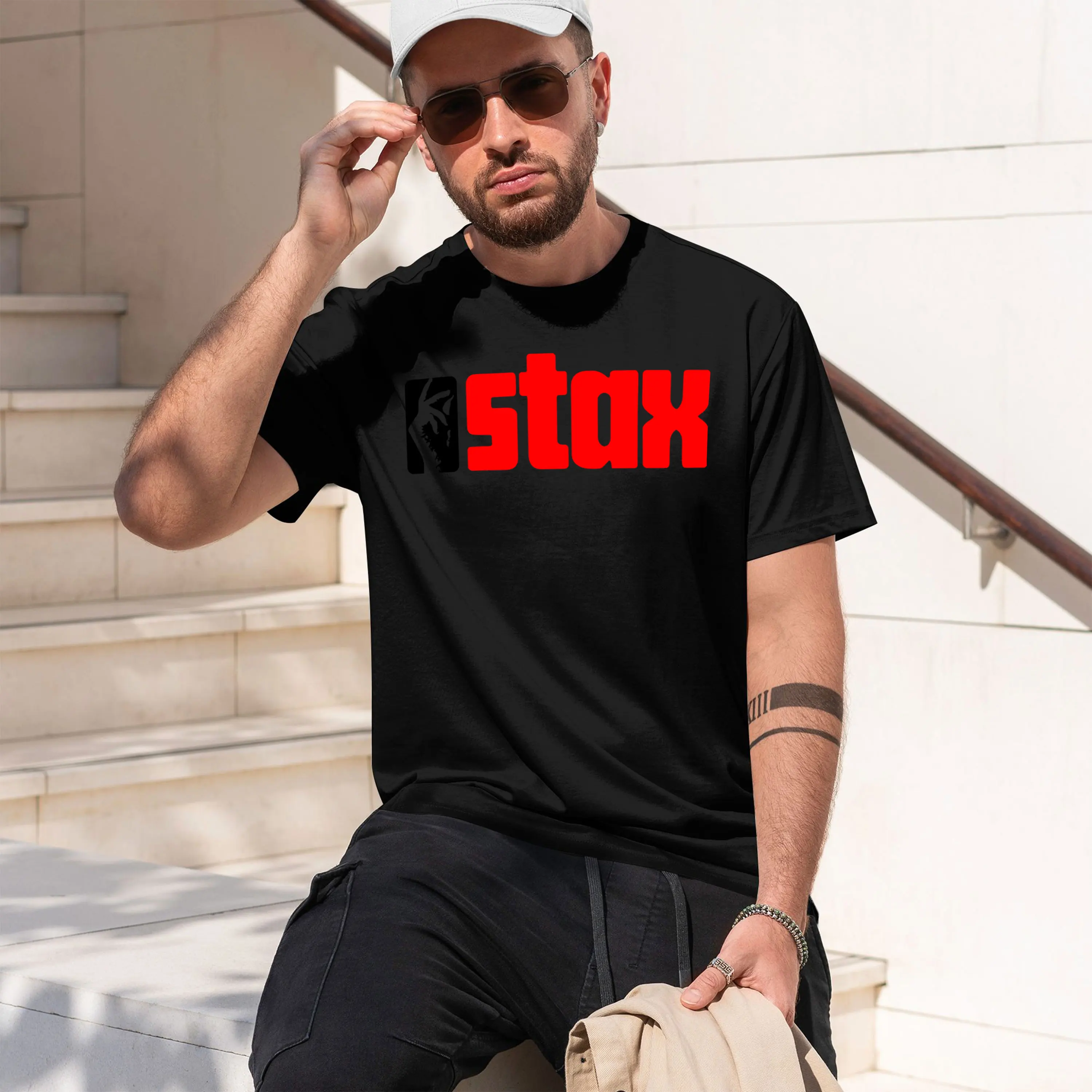 STAX Recor de inspiración vintage con estampado rojo STAX, diseño de borde curvo, para todas las estaciones, nuevo modelo 2026, camiseta de manga corta con cuello redondo para hombre