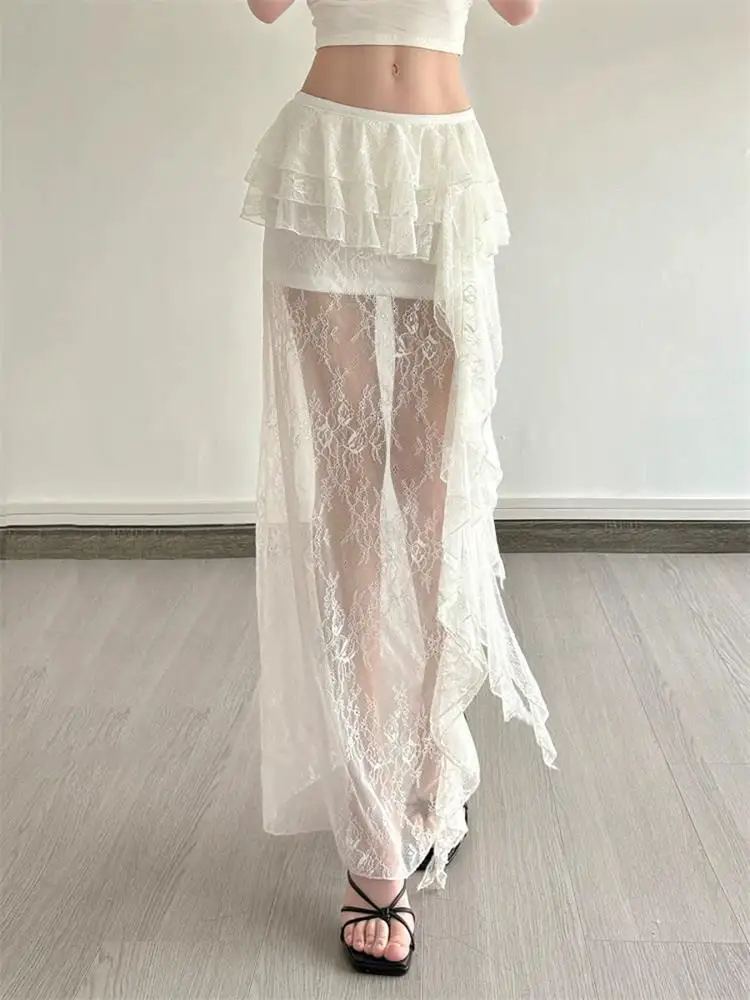 American Style Pure Desire Sexy Lace Splicing Net Gauze Half Skirt with Pleated  Drifting Band Long Skirt for Ladies