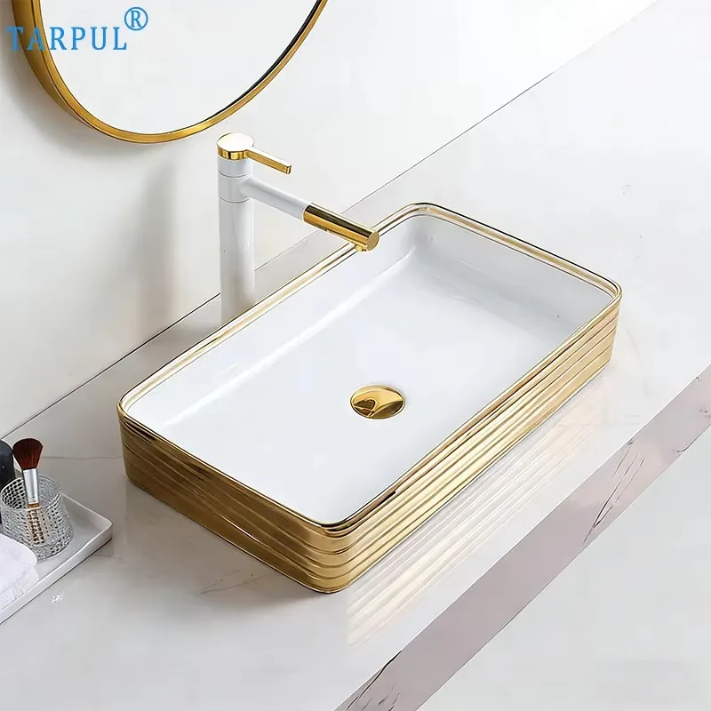Tarpul Modern Relief Platinum Ceramic Glazed Waterproof and Easy to Clean Rectangular Basin Art Basin Bathroom Sink Washbasin