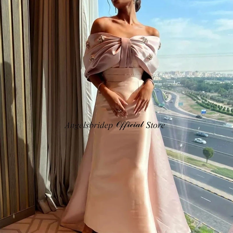 Angelsbridep Blush Pink Satin Mermaid Evening Dresses Off the Shoulder Sleeves Beads Saudi Arabic Women Party Formal Prom Gowns