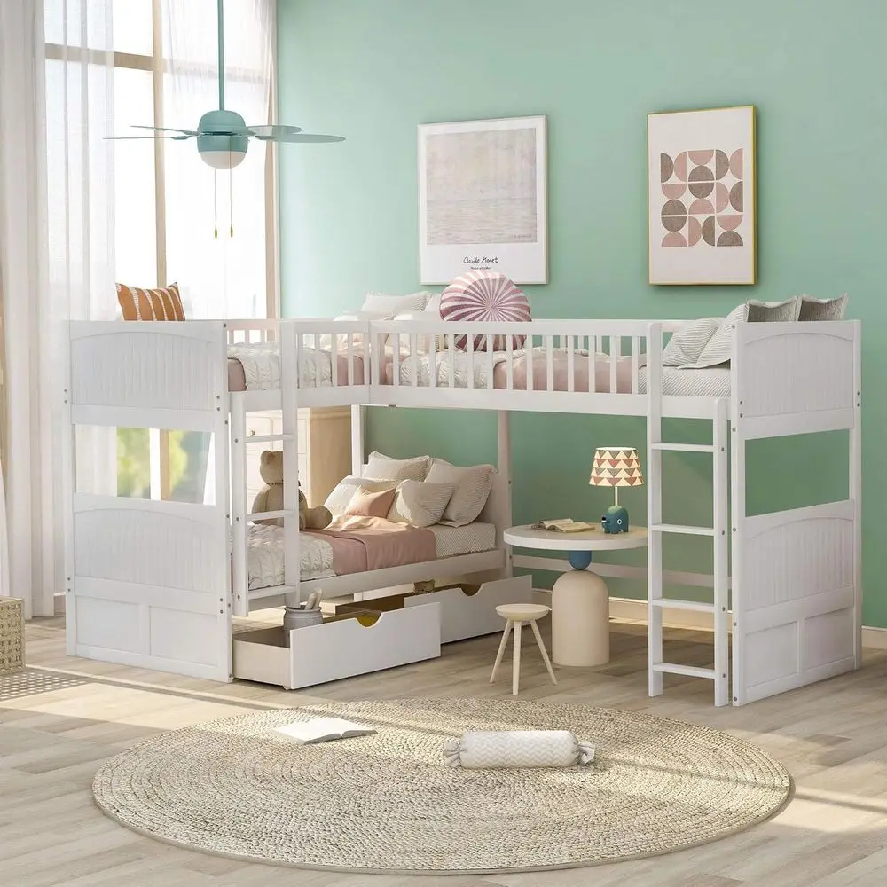 

L-Shaped Triple Bunk Bed for Kids: Twin Over Twin Over Twin with 2 Drawers and 2 Ladders, White, No Box Spring Needed