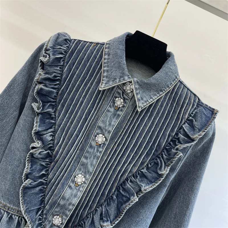 Women\'s shirt 2024 Autumn New Fashion Button Decoration Pure Cotton Long Sleeve Top Retro washed denim shirt y2k Women\'s blouse