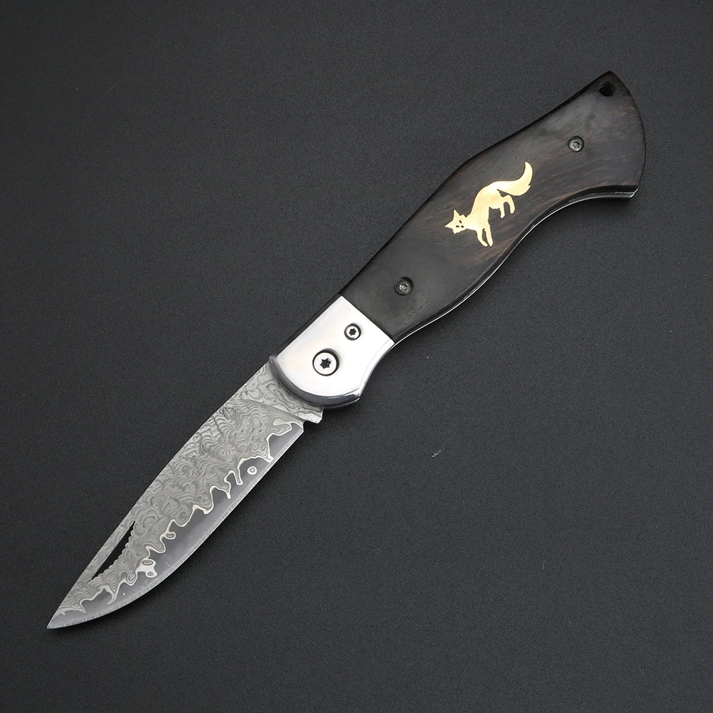 Cuchillo plegable con mango de sándalo Fox, cuchillo de Damasco de alta dureza para exteriores, cuchillo de caza para acampar