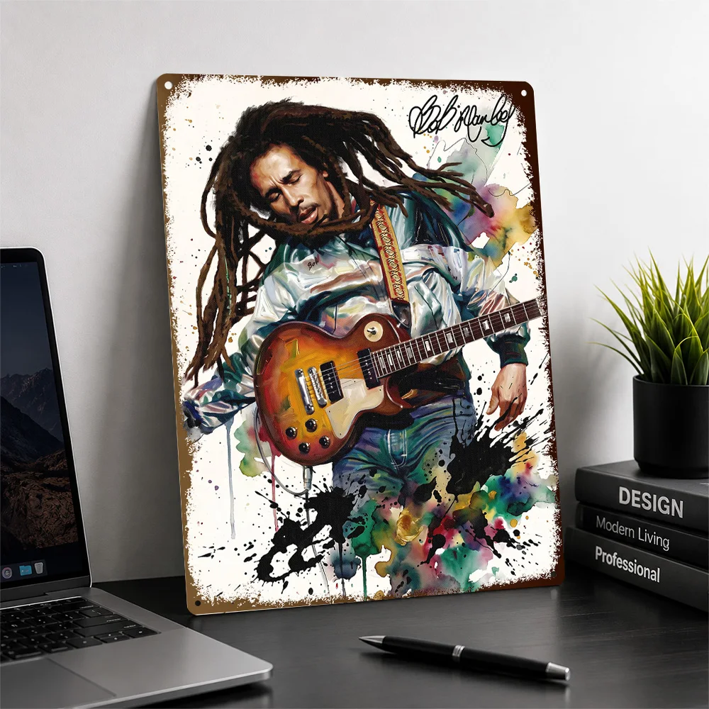 Bob Marley Watercolor Guitar Portrait Printed Poster Personalized Aluminum Metal Sign Roots Music Design Wall Art Bedroom Decor