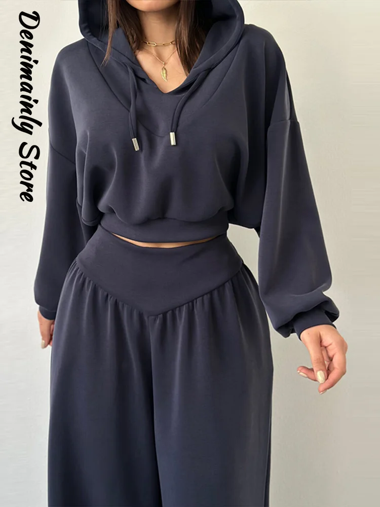 Casual Dark Blue Cropped Hoodie Pants Set Women Loose Short Pullover High Waist Wide Leg Trousers 2 Piece Set 2026 Female Outfit