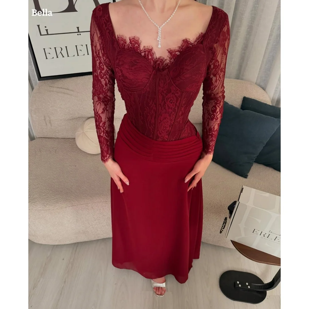 

Bella Индивидуальные бордовые платья с квадратным вырезом и длинными кружевными рукавами, корсет, лиф, юбка со рюшами, вечерние платья, элегантное миди