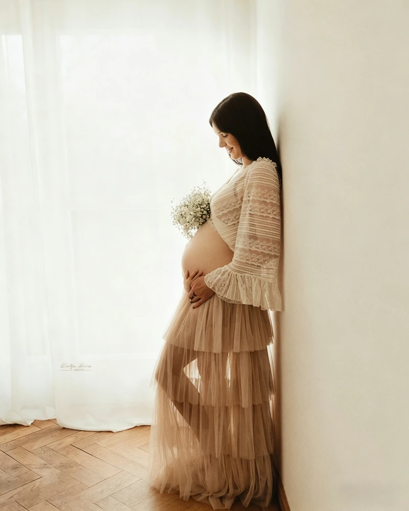 

Beige Maternity Dress For Photo Shoot Lace Wrap Pregnancy Gown Bell Sleeve Tiered Mesh Pregnant Women Photo Outfit