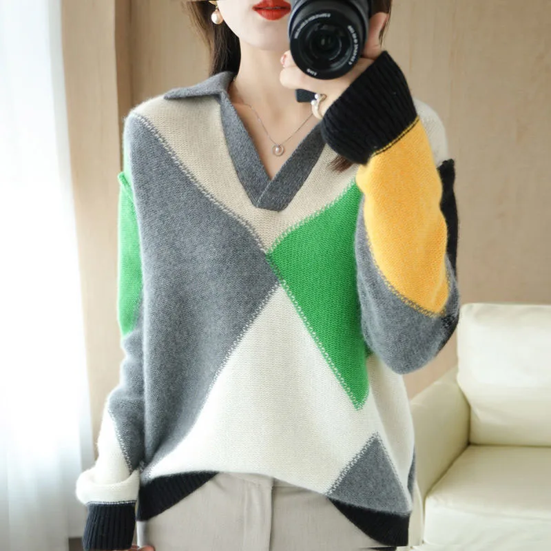 New Autumn/Winter Fashion Korean Edition Colorblock Polo Loose Large Size Versatile Western Casual Women\'s Long Sleeve Sweater