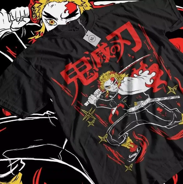 Camiseta Kyojuro Rengoku Kimetsu no Yaiba Anime Demon Slayer camisa negra todas las tallas