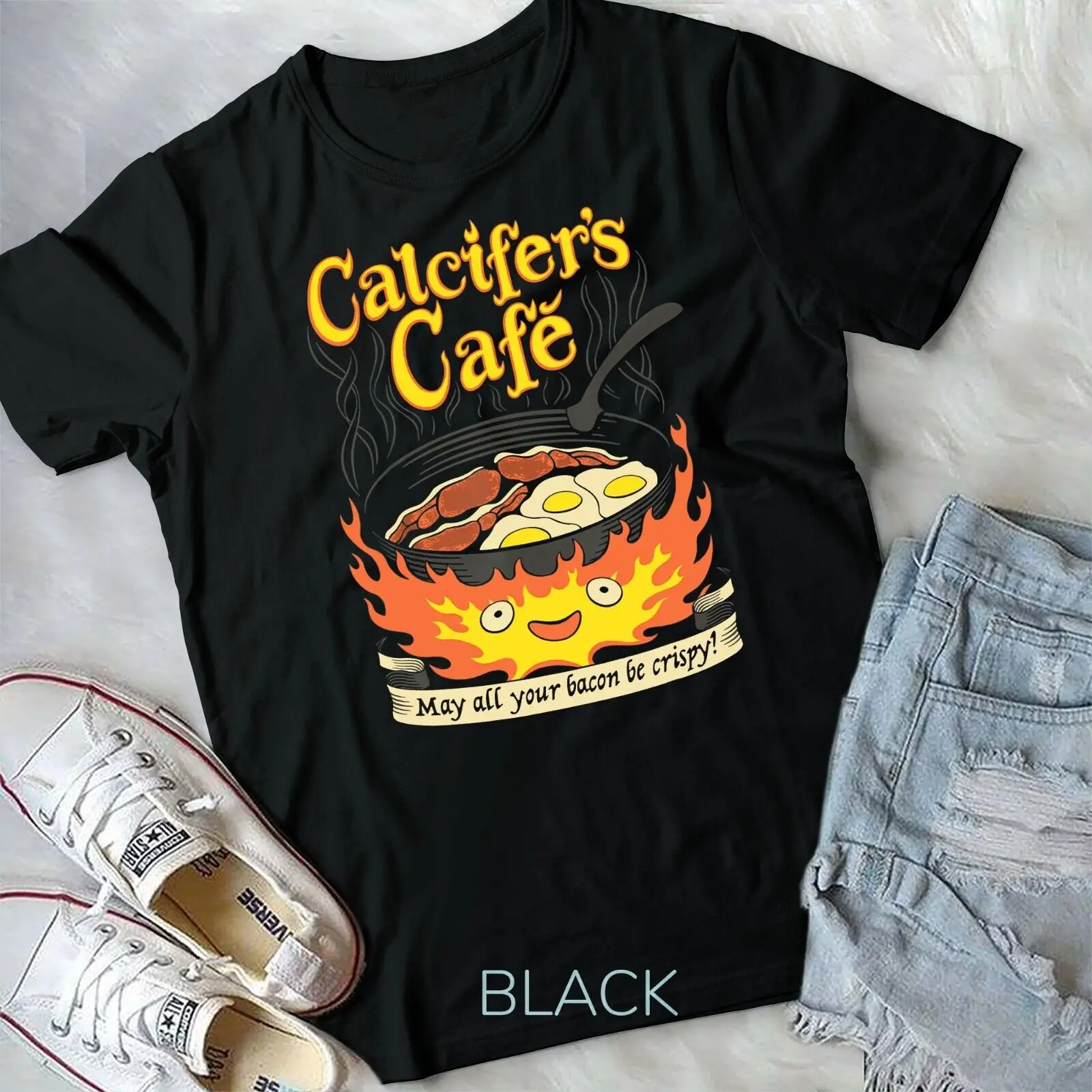 Calcifer's Cafe May All Your Bacon & Eggs Be Crispy Cooking Unisex T-shirt