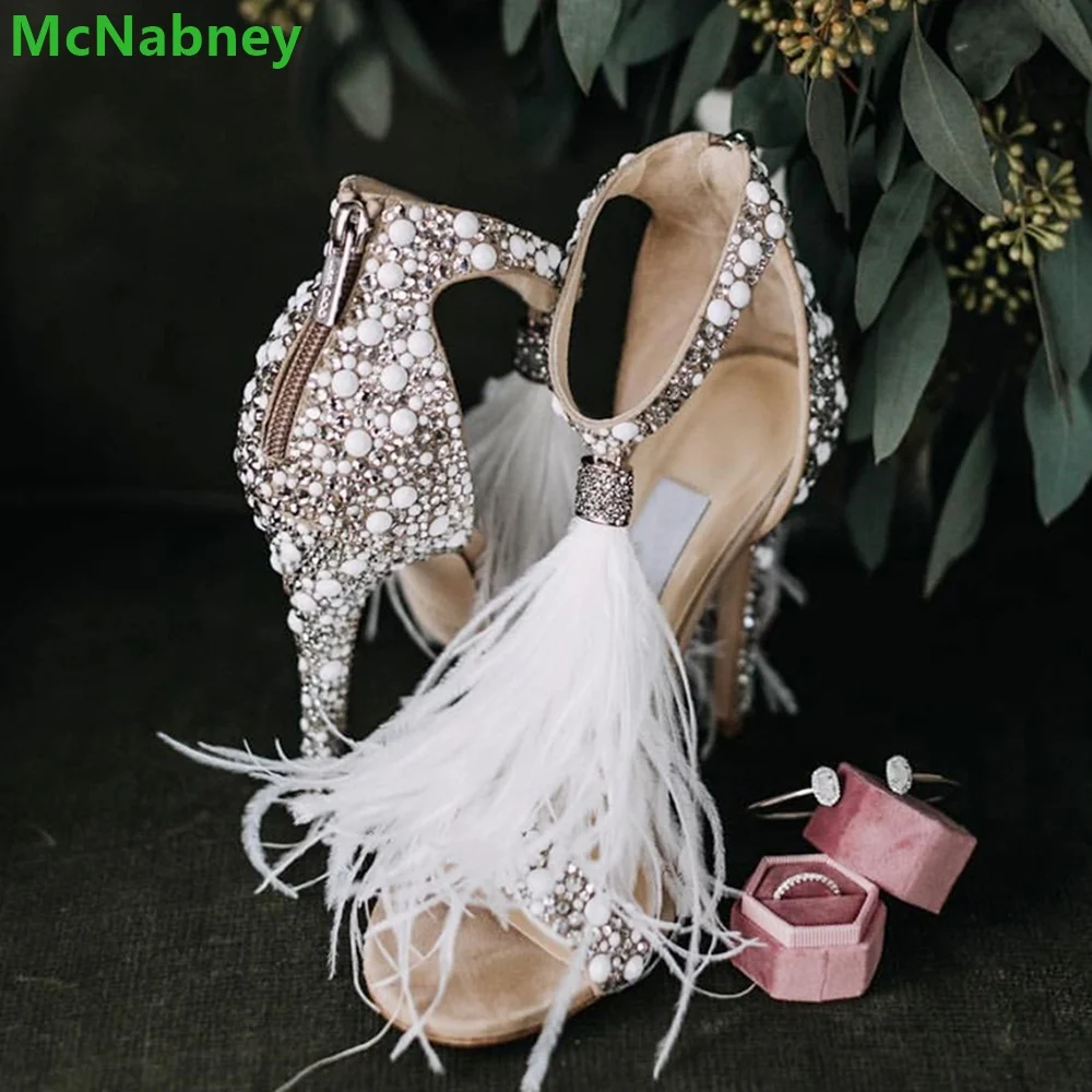 Feather Pearl Crystal Sandals Zipper Bling Luxury Designer Fashion Summer Shoes For Women Thin High Heel Round Toe Heels