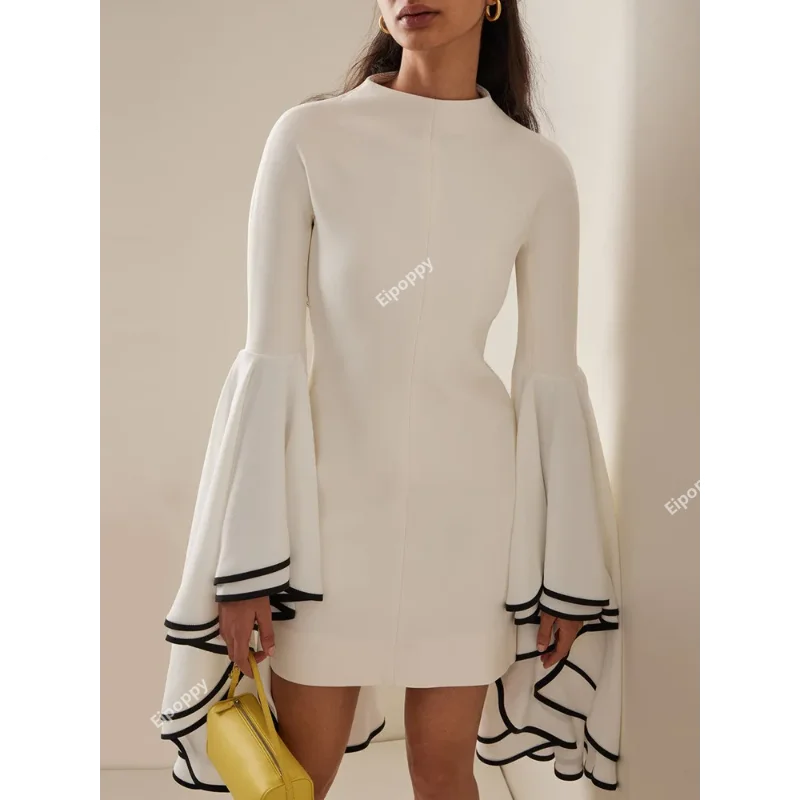 Chic Exaggerated Ruffle Sleeve Dress Black White Mini Dresses Women 2024 New Designer Long Sleeve Party Cocktail Dress