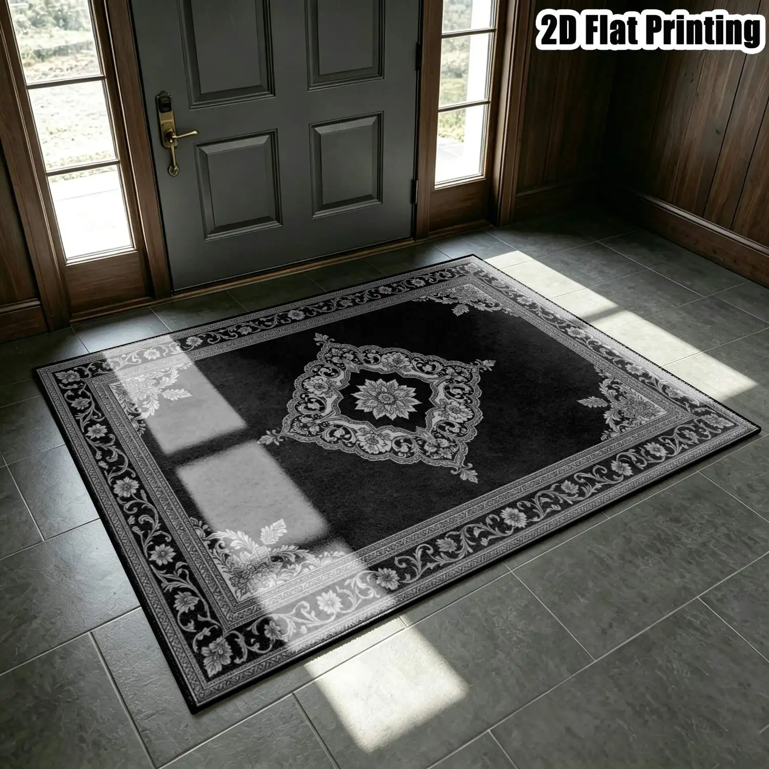 1Pc 2D Printed Carpet: Black Base, Silver-Gray Floral Symmetrical Pattern European/Retro/Geometric Style, Ideal for Home Decor, Multi-Size, Machine Washable, Suitable for Entryway, Living Room, Bedroom, Dining Room, Foyer.