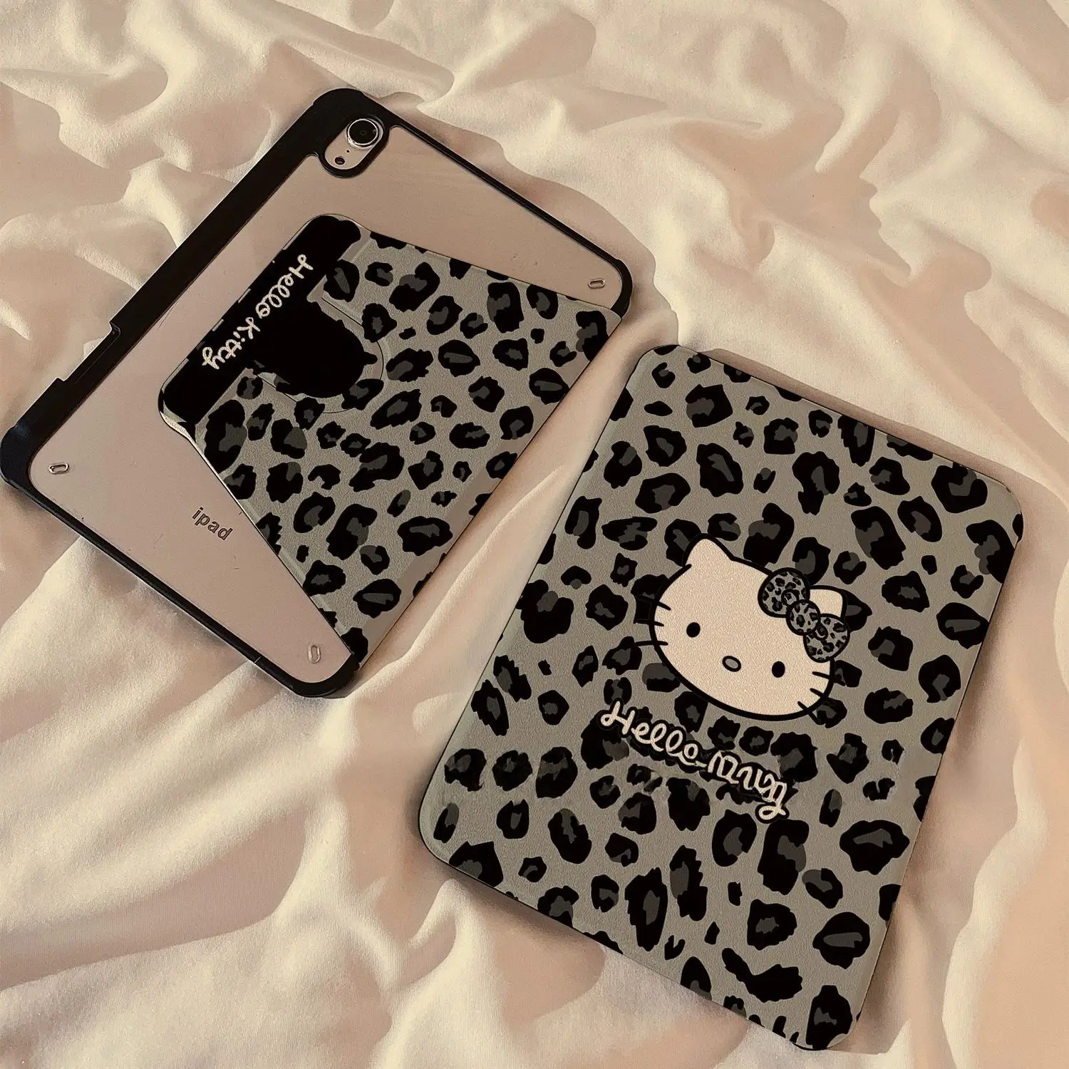 Custodia protettiva per iPad Kawaii Hello Kitty Cartoon Leopard Print Kitty Applicare a Ipad5/6/7/8 Ipadpro18/20/21/22 Mini4/5/6 Girevole