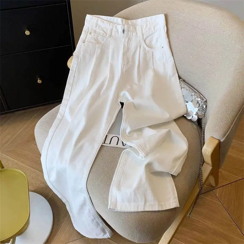 

Women's High Waist Wide Leg Jeans White Straight Cut Drapey Folded New Style plus Size Loose Fit Long Pants Summer Commute Style