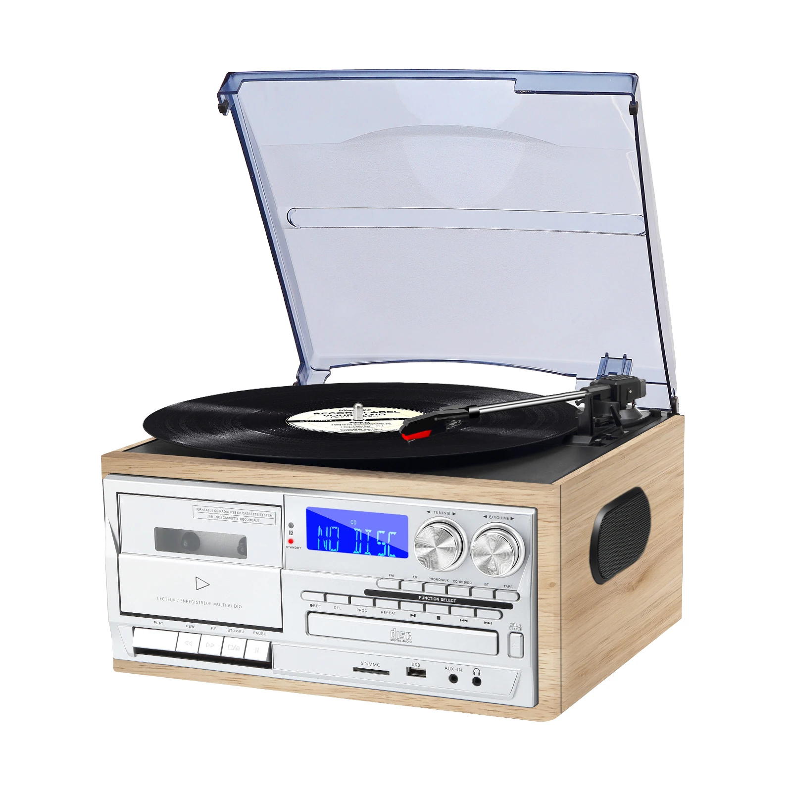 Multi Functional Turntable Record Player with AM FM Radio CD Cassette BT Play Turntable with Built-in Speakers Vinyl Phonograph