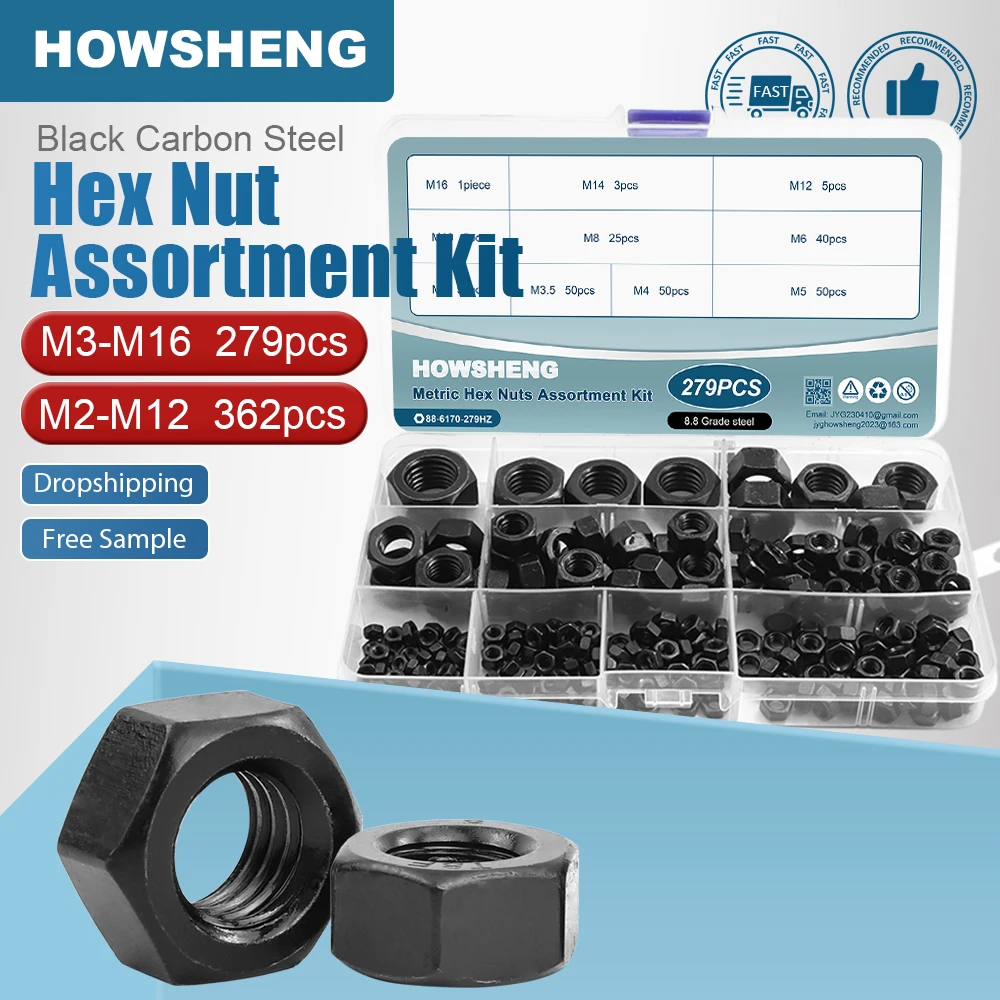 362/279-teiliges Sechskantmuttern-Set M2 M3 M4 M5 M6 M8 M10 M12 M14 M16 Schwarzer Kohlenstoffstahl Sechskantmutter-Sortiment für Schrauben und Bolzen