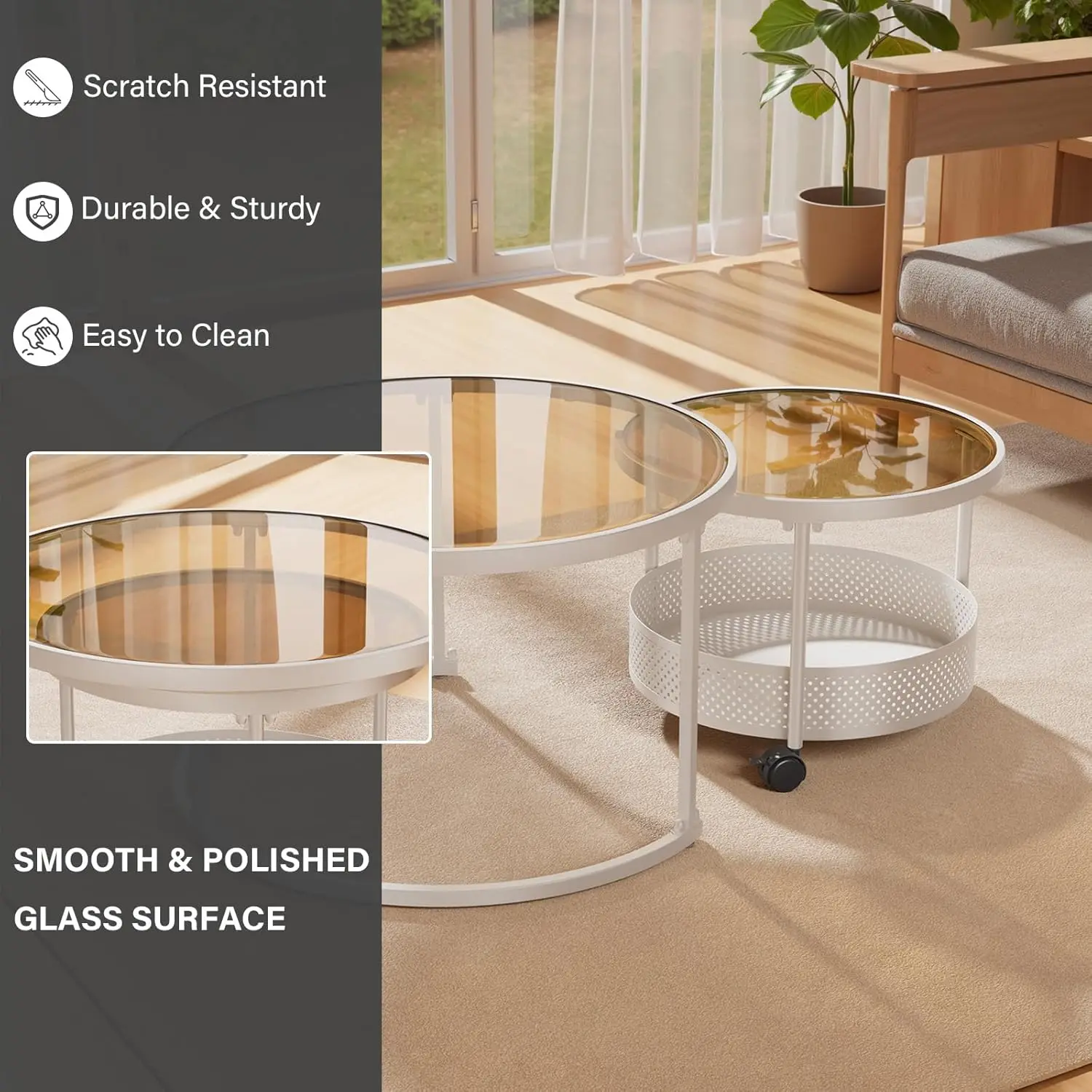 مجموعة طاولات قهوة مستديرة متعددة الاستخدامات مقاس 28 بوصة مكونة من قطعتين لغرفة المعيشة، وطاولة تعشيش مكدسة من الزجاج المقسى مع عجلات
