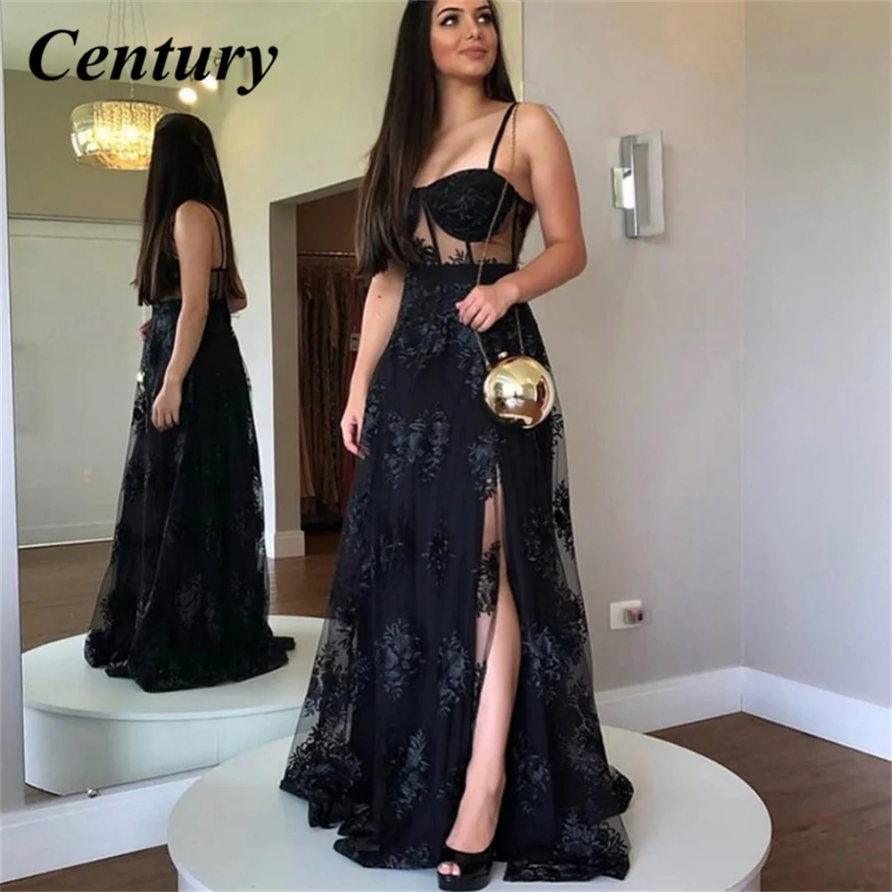 

Black Evening Dress A-Line Sweetheart Floor Length Side Slit Spaghetti Strap Lace Appliques Backless Elegant Party Prom Gown