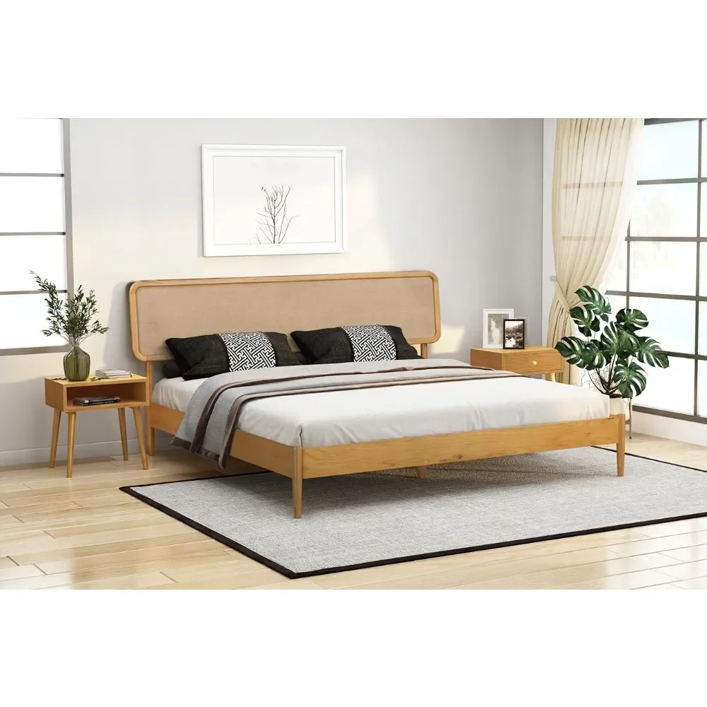 

Bed Frame, Solid Oak Base with Silent Slats and Wooden Central Support, Wooden Bed Frame with Headboard, Effortless Assembly