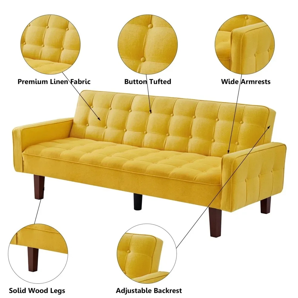 74" Square Arm Futon Convertible Sofa Bed for Home Office, Button-Tufted Back