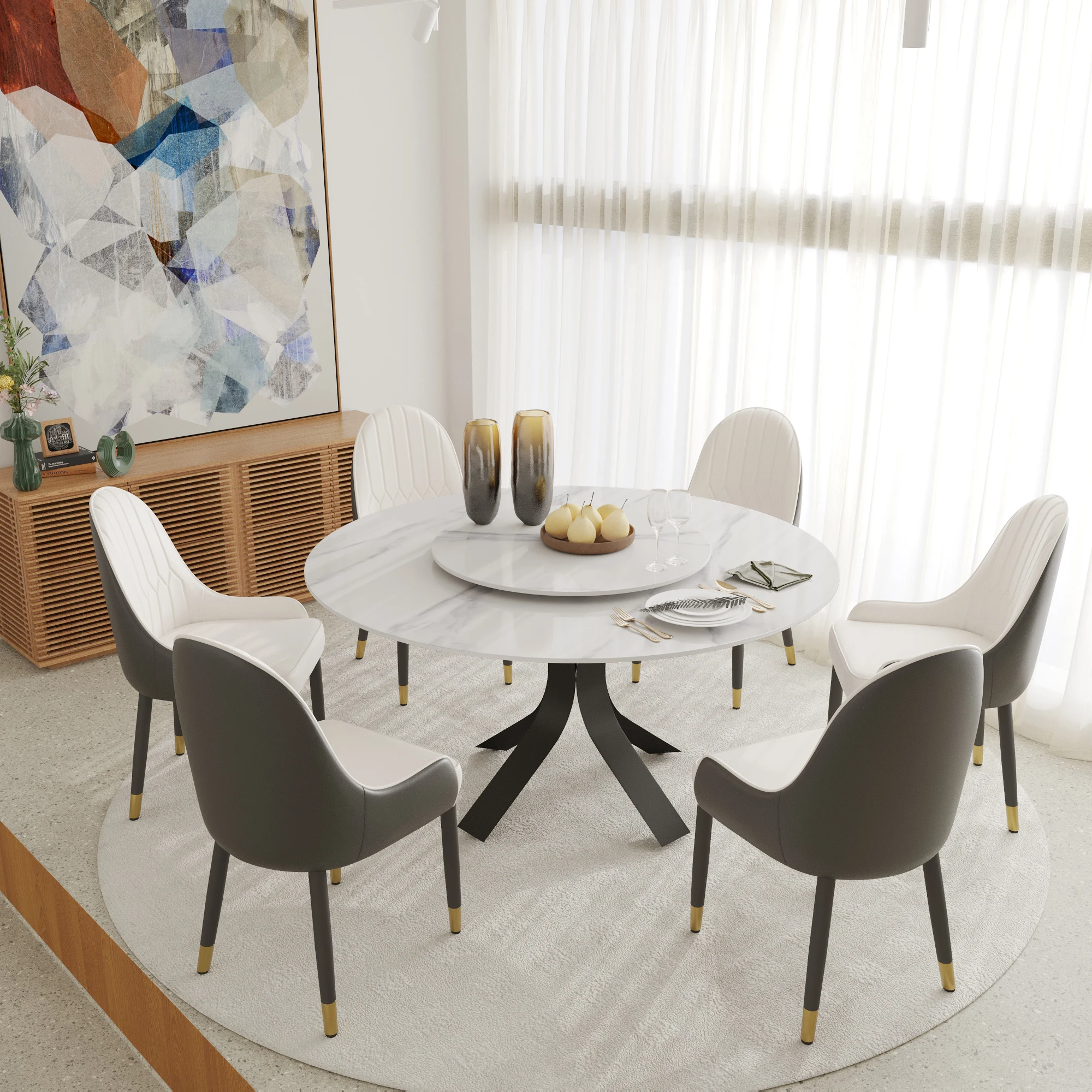 

Atunus USA Drop Shipping in Stock Modern Luxury Rotating Center Sintered Stone Round 6 Seater White Marble Dining Table