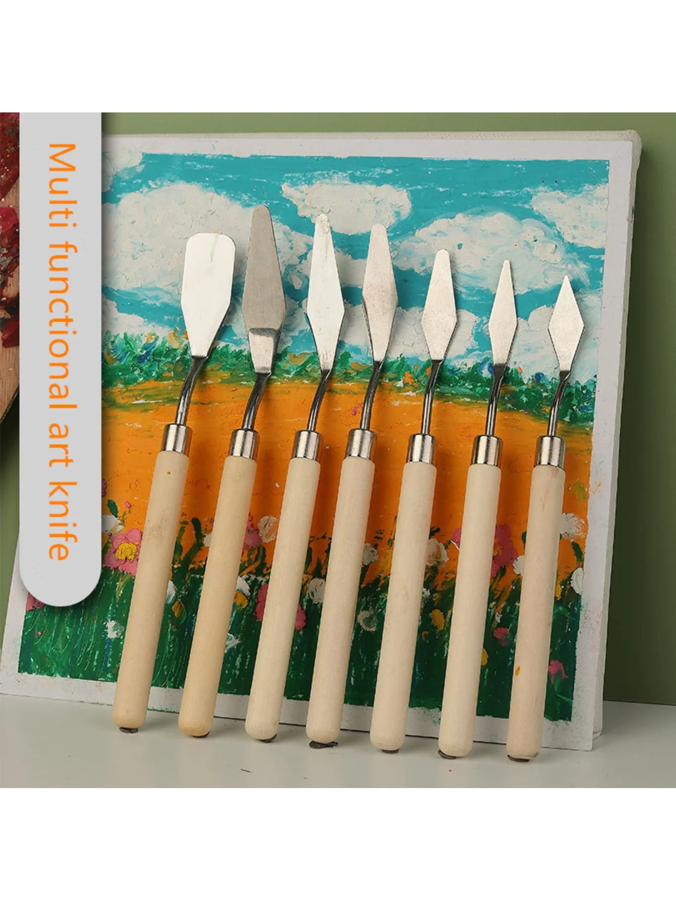 7 Pcs Art oil painting scraper wood flat bottom stainless steel knife oil painting gouache pigment pointed color palette shovel