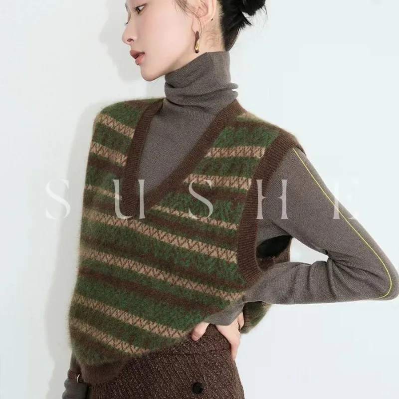 

Простой модный жилет в полоску в стиле ретро с v-образным вырезом, вязаный женский осенне-зимний новый свободный универсальный свитер