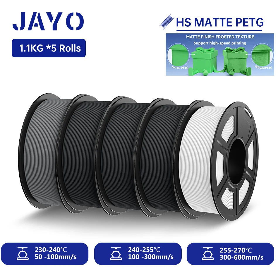 JAYO 5Rolls 3D High Speed Matte PETG Filament 1.75mm 30mm/s - 600mm/s Print Range High Flow Speedy PETG 3D FDM Printer Filament