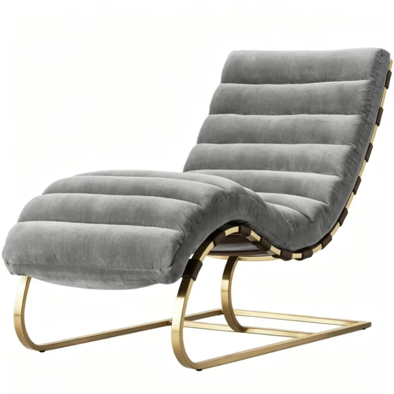 Horizontal Channel Tufted Grey Velvet Curved Sled Base Polished Brass Frame Medieval Style Lounge Chair