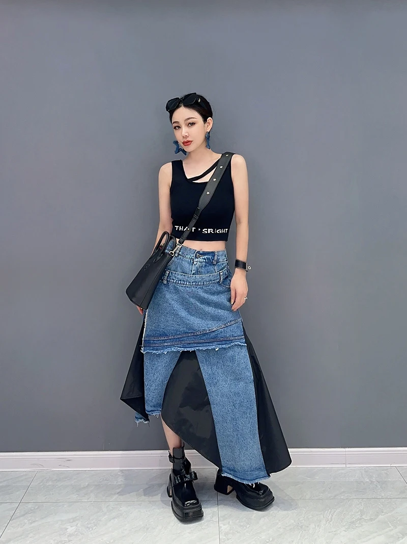 230864 High Elastic Waist Black Denim Irregular Color-block Half-body Skirt Women Fashion Tide New Spring Autumn 2024