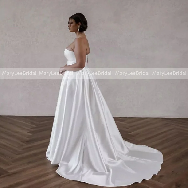 Abiti da sposa taglie forti senza spalline bianco scollo a v Mikado drappeggiato a-line abiti da sposa da spiaggia con spacco alto Sweep Train vestido de noiva