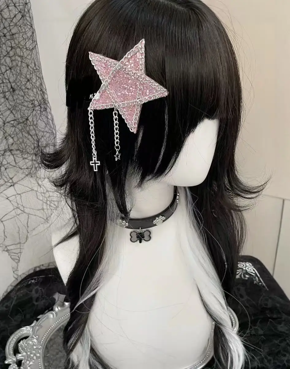 グリッタースターヘアクリップラインストーン女性ガールズ Y2k 星型チェーンクロスバレッタロリータヘアアクセサリー