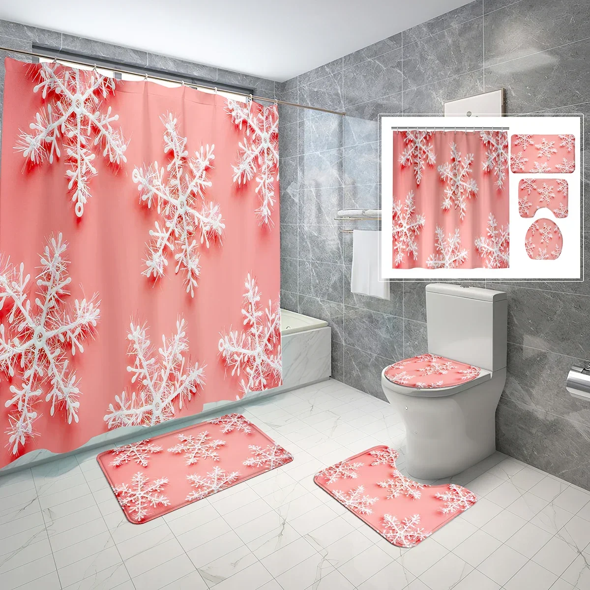 

4 Pcs Snowflake Shower Curtain Sets with Toilet Lid Cover and Bath Mat White Snowflake Girly Pink Waterproof Bathroom Decor Sets
