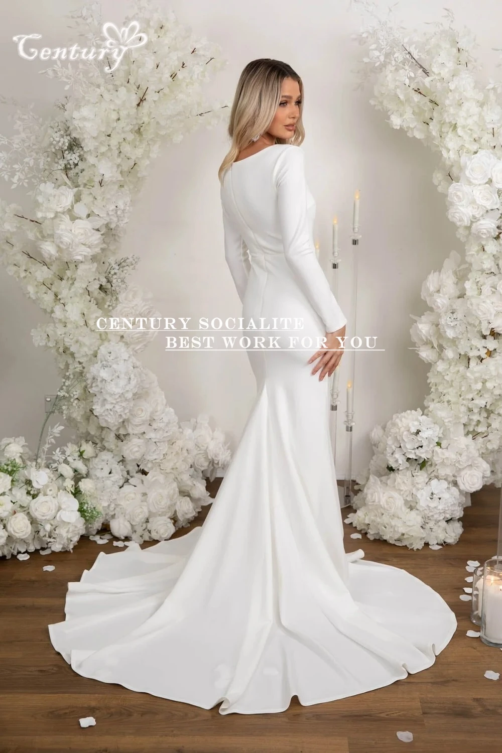 Civil Wedding Dresses Mermaid Long Sleeve O-Neck Zipper Back Sweep Train Soft Crepe Elegant Bridal Gowns for Bride Customized