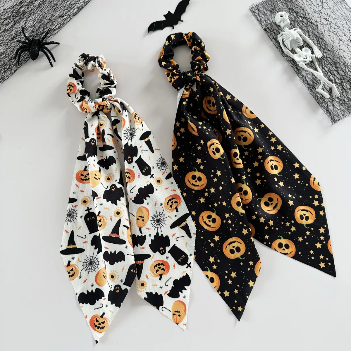 Halloween printed scarf, tight pants, pumpkin bat, spider web pattern, bow, women's long ribbon, holiday hair accessory view 4