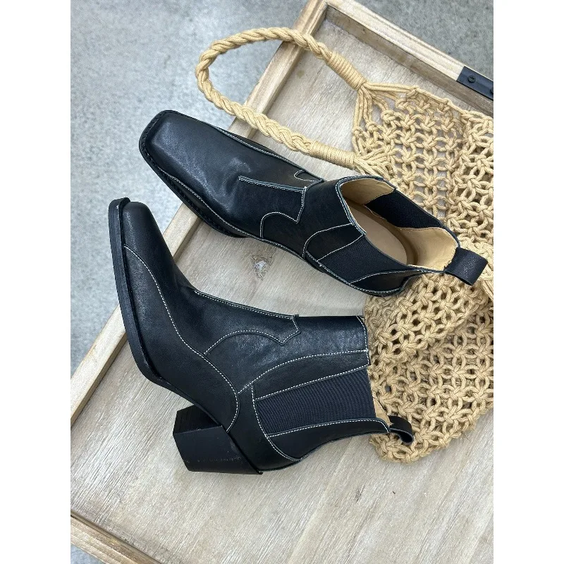 New French Retro Square Toe Western Ankle Boots Women's Shoes High Heels Genuine Leather Casual Outdoor Work Boots Female