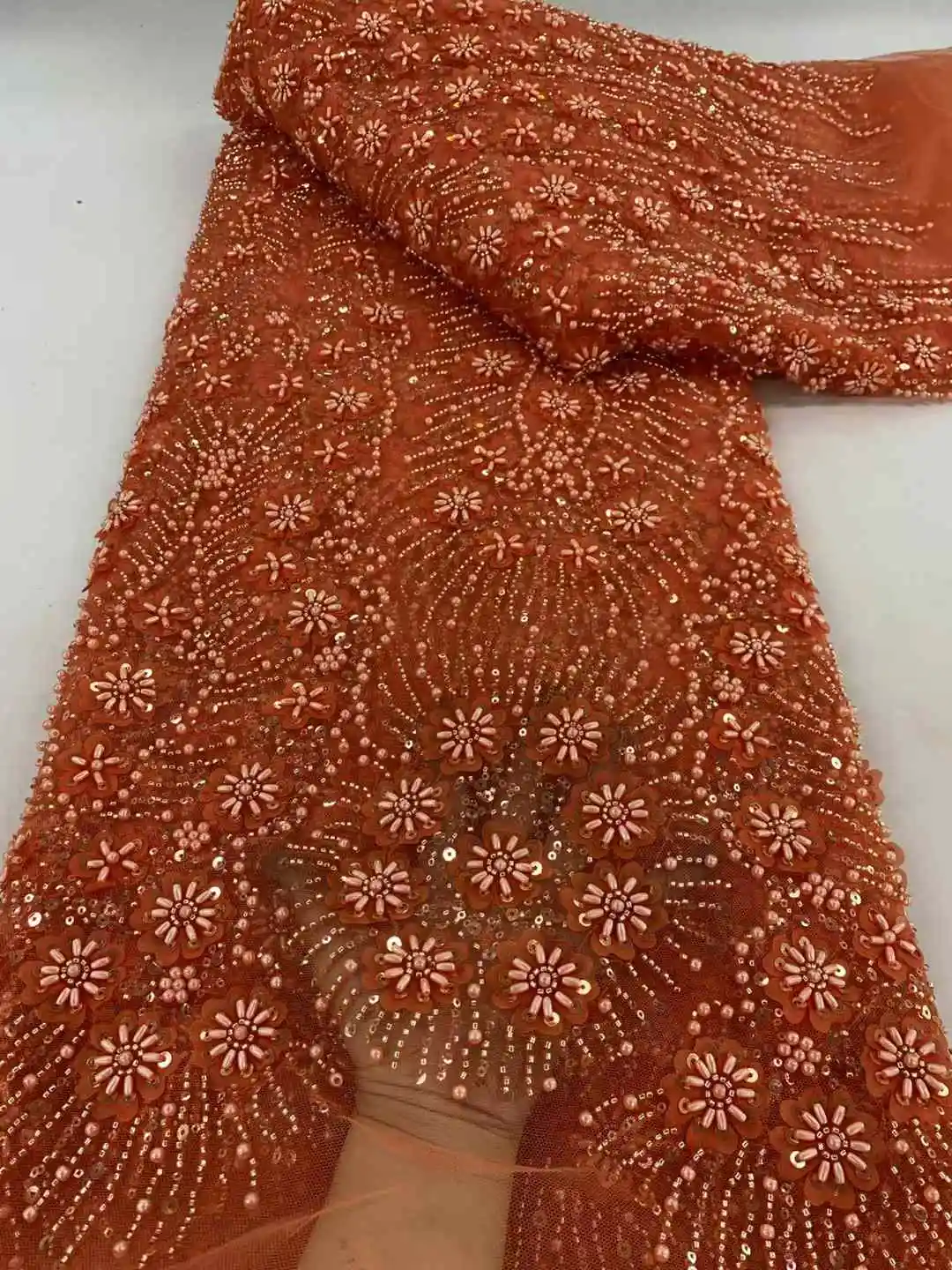 

orange African Lace Fabric 2024 French Beaded Lace Fabric Nigerian Sequins Embroidery Net Lace Fabrics For Bridal Party Dresses