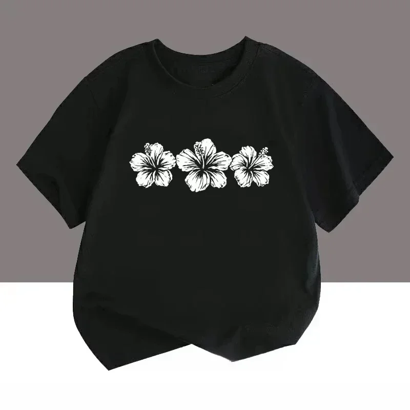Minimalist Hawaiian Hibiscus Three Flowers Pattern Girls Pink Crew Neck Short Sleeve Beach Casual Outfit Top